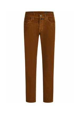 Bruine corduroy broek met een rechte pijpdesign, met voorzakken en een knoopsluiting. Gestructureerde stof met verticale lijnen.