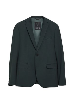 Donkergroene herensingle- button blazer met inkeping revers, voorflapzakken en zichtbare binnenvoering.