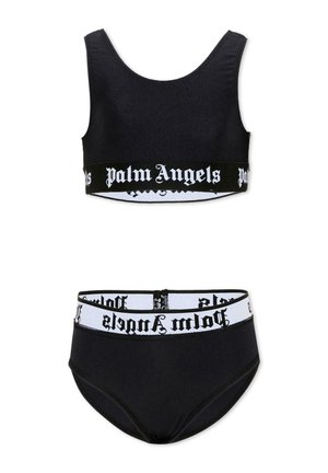 Set reggiseno sportivo nero e slip a vita alta con bande elastiche bianche con logo testo gotico "Palm Angels".