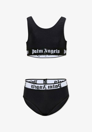 Set reggiseno sportivo nero e slip a vita alta con bande elastiche bianche con logo testo gotico "Palm Angels".