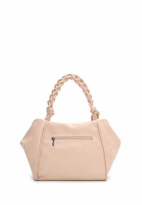 Borsa con manico intrecciato in morbida pelle beige con tasca esterna con cerniera e design del corpo spazioso e arrotondato.