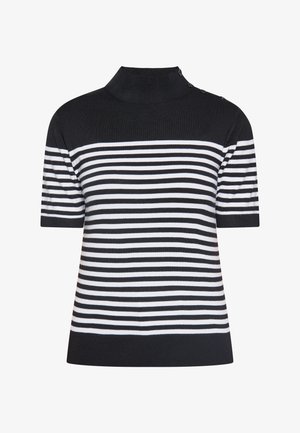 Zwart-wit gestreept kort mouwen top met een hoge halslijn en knoopaccenten op de schouders. Gemaakt van een gladde, gebreide stof.