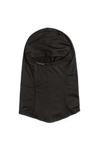 Sort balaclava lavet af glat, strækbart stof. Har et sømløst design med en åben ansigtsektion og en tætsiddende pasform for varme.