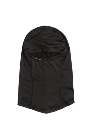 Black balaclava made of smooth, stretchy fabric. Features a seamless design with an open face section and a snug fit for warmth.