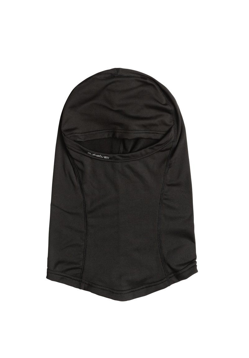 Pasamontañas negro hecho de un tejido liso y elástico. Presenta un diseño sin costuras con una sección de cara abierta y un ajuste ceñido para mantener el calor.