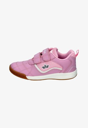 Pink athletic shoe with synthetic upper, white mesh accents, double Velcro straps, and a rubber sole with a brown tread.