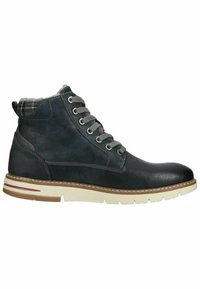 Bottines pour homme en cuir bleu foncé avec une finition texturée, lacets gris et doublure intérieure à carreaux. Dispose d'une semelle en caoutchouc blanche et marron.