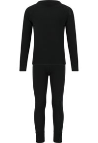 Ensemble haut à manches longues et leggings en noir thermique, fabriqué dans un tissu doux, présentant un design ajusté et des coutures plates pour le confort.