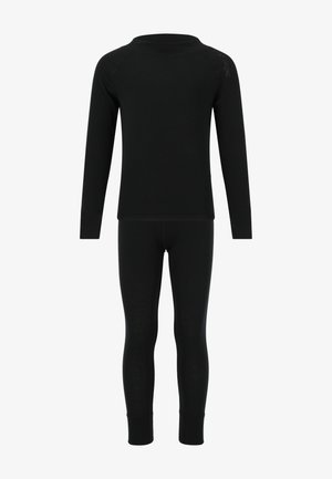 Ensemble haut à manches longues et leggings en noir thermique, fabriqué dans un tissu doux, présentant un design ajusté et des coutures plates pour le confort.