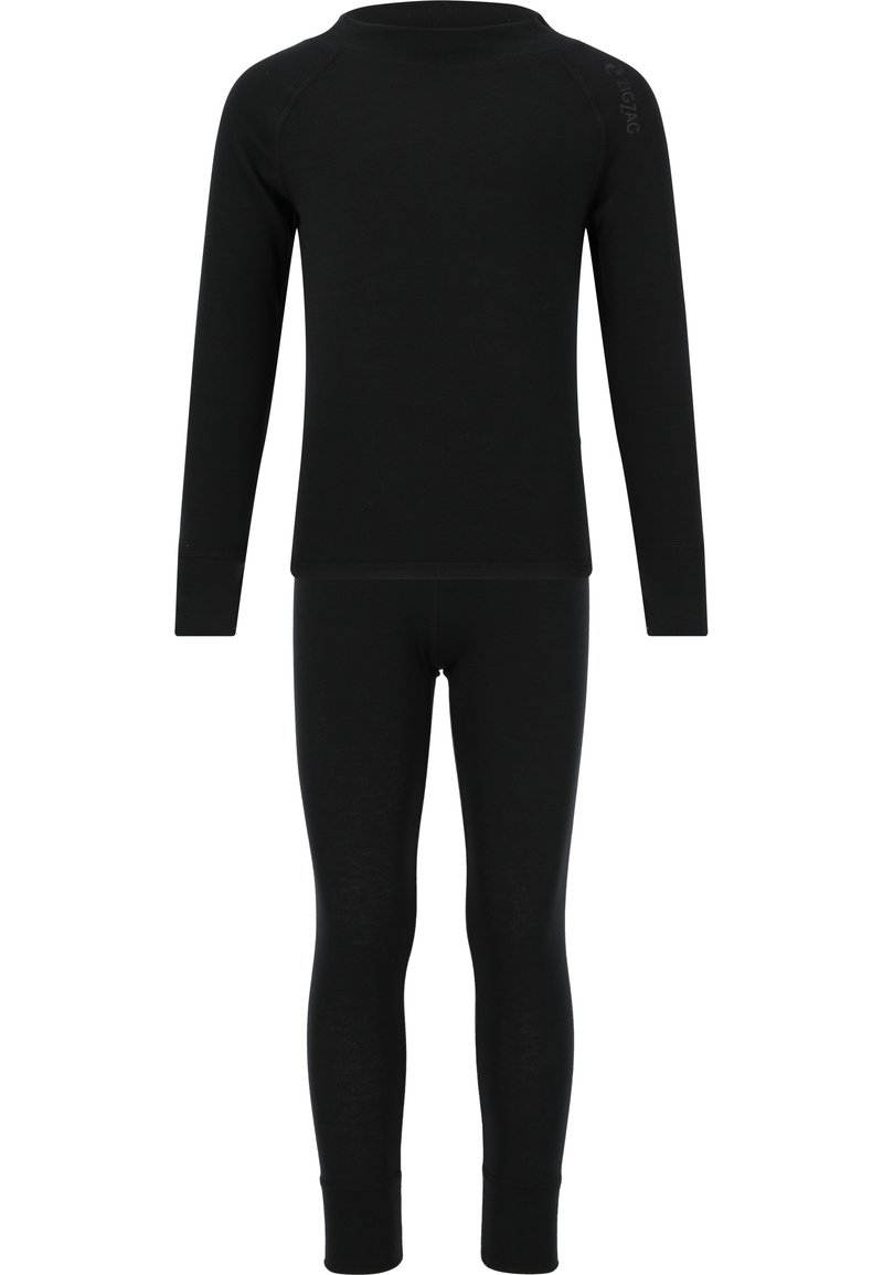 Ensemble haut à manches longues et leggings en noir thermique, fabriqué dans un tissu doux, présentant un design ajusté et des coutures plates pour le confort.