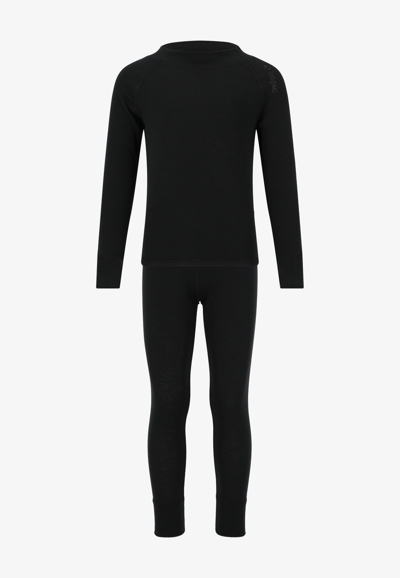 Černá termo dlouhá rukávová blůza a legíny, vyrobené z měkké tkaniny, s přiléhavým střihem a plochými švy pro pohodlí.