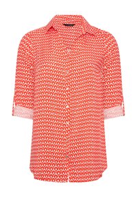 Camicia a maniche corte in tessuto rosso brillante, con un motivo a rombi bianchi e chiusura con bottoni, dotata di un colletto classico.