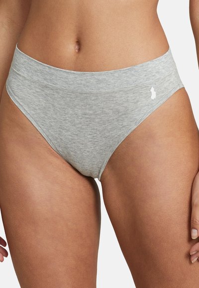 Light gray, high-waisted bikini briefs made of soft, textured fabric. Features a smooth waistband and a small logo detail on the side.