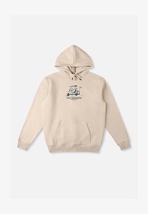 Hanorac bej cu glugă cu șnur, buzunar frontal tip cangur și logo grafic ce înfățișează un cărucior de golf. Material moale din bumbac cu manșete ribbed.