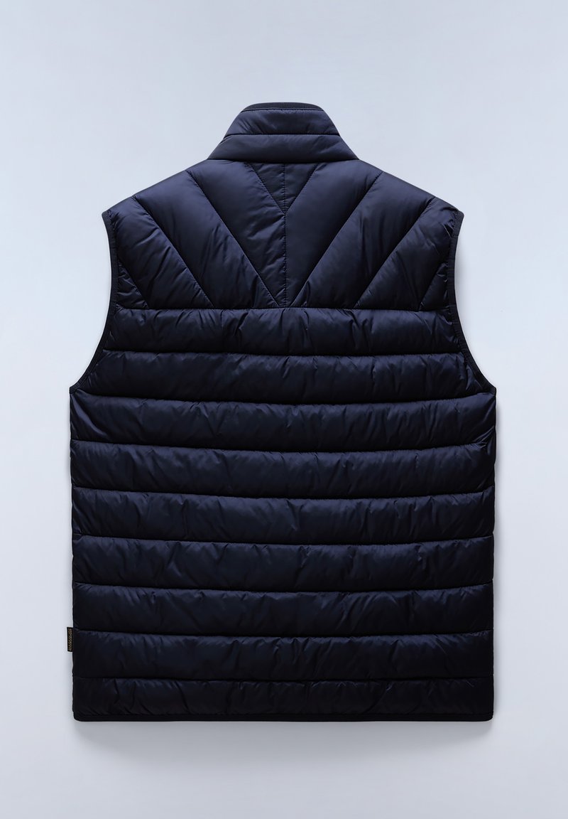 Gilet imbottito blu navy con colletto alto, caratterizzato da un motivo trapuntato e cuciture orizzontali. La vista dal retro mostra un design semplice e scattante.