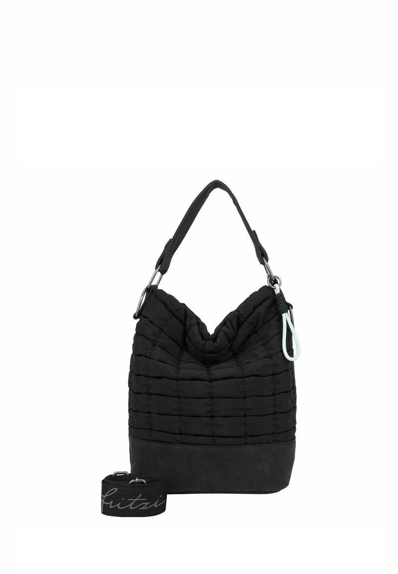 Sac seau en tissu matelassé noir avec une base en cuir, une anse réglable et un accent menthe contrastant sur la fermeture éclair. Comprend une bandoulière amovible.