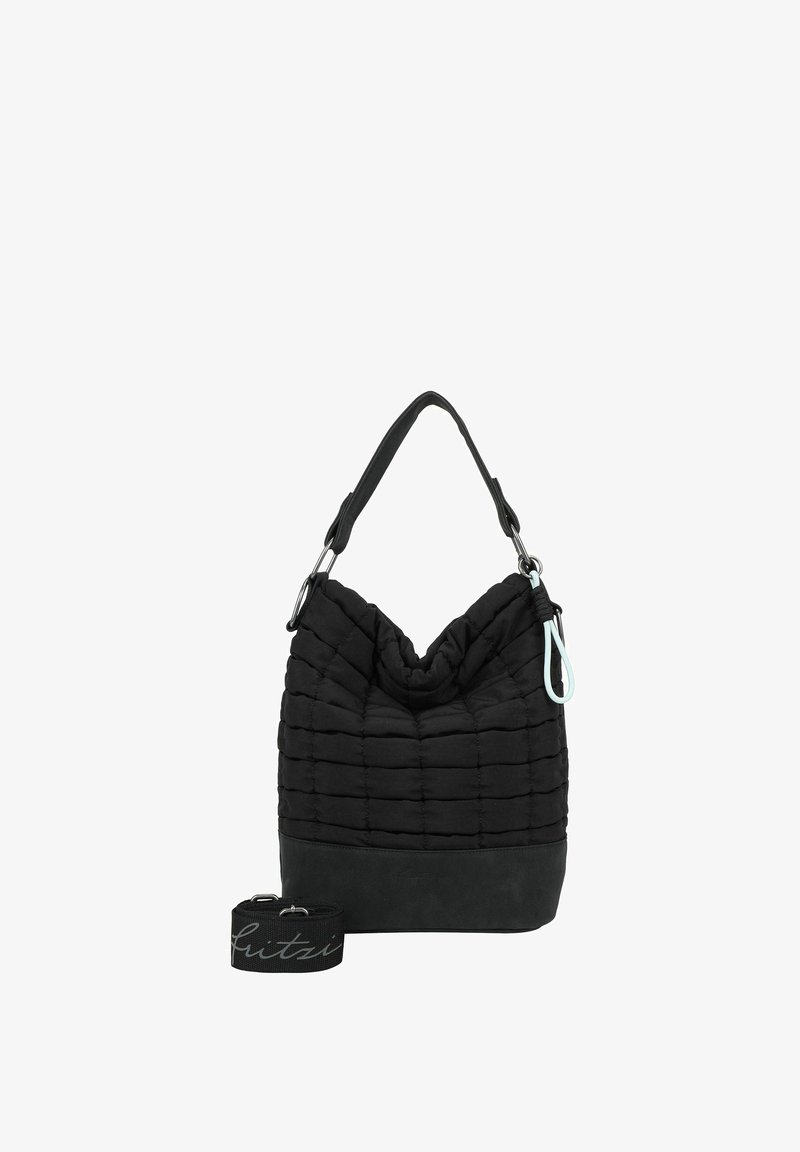 Sac seau en tissu matelassé noir avec une base en cuir, une anse réglable et un accent menthe contrastant sur la fermeture éclair. Comprend une bandoulière amovible.