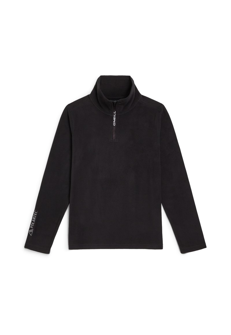 Zwarte fleece pullover met hoge kraag, kwart-rits aan de voorkant en lange mouwen. Voorzien van "POLARTEC" branding op de linkermouw. Gladde textuur.