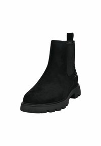 Schwarze Wildleder-Ankle-Boots mit elastischen Seitenteilen und einer Zuglasche. Besitzt eine dicke Gummisohle mit einem profilierten Design für besseren Halt.