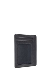 Portafoglio in pelle nera con superficie testurizzata, dotato di vari slot per carte e di una finestra per identificazione in rete. Design compatto per una facile portabilità.
