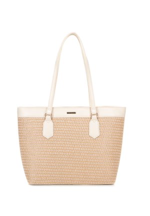 Borsa a tote lavorata beige con accenti e manici in pelle beige chiaro. Presenta un motivo testurizzato e un dettaglio hardware esagonale sui lati.