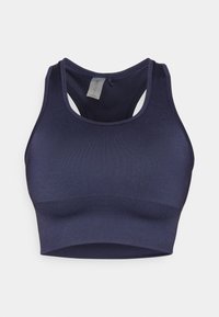 Marineblå sports-bh laget av glatt og elastisk stoff med avrundet hals, racerback-design og en tettsittende silhuett.