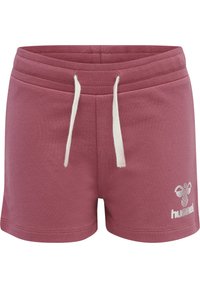 Rosa bomullsshorts med vit dragsko, med en texturerad finish och en tryckt logotyp på nedre vänstra sidan.