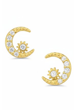 Gold crescent moon-shaped earrings featuring clear rhinestones and a sun accent, textured surface with circular bead details.