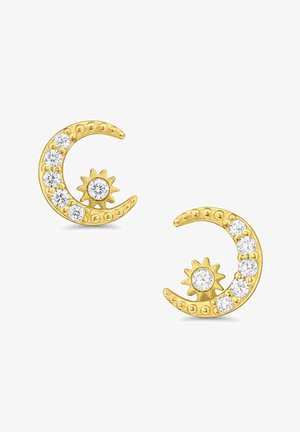 Boucles d'oreilles en forme de croissant de lune doré ornées de strass transparents et d'un accent de soleil, surface texturée avec des détails de perles circulaires.