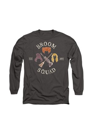 Long-sleeve gray shirt featuring a graphic with brooms, scissors, and hair, labeled "BROOM SQUAD EST. 1693" in playful fonts.