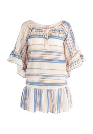 Valge topp siniste ja oranžide horisontaalsete triipudega, frilliga varrukad, elastne kaelus ja kokku tõmmatud alumine äär, millel on tupsud.