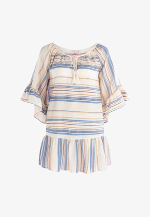 Biely top s modrými a oranžovými vodorovnými pruhmi, volánovými rukávmi, elastickým výstrihom a zberným spodným lemom s dekoratívnymi strapcami.