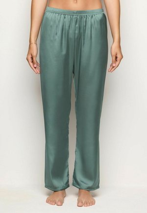 Satin pajama pants in muted green, featuring an elastic waistband, straight leg design, and a smooth, glossy texture.