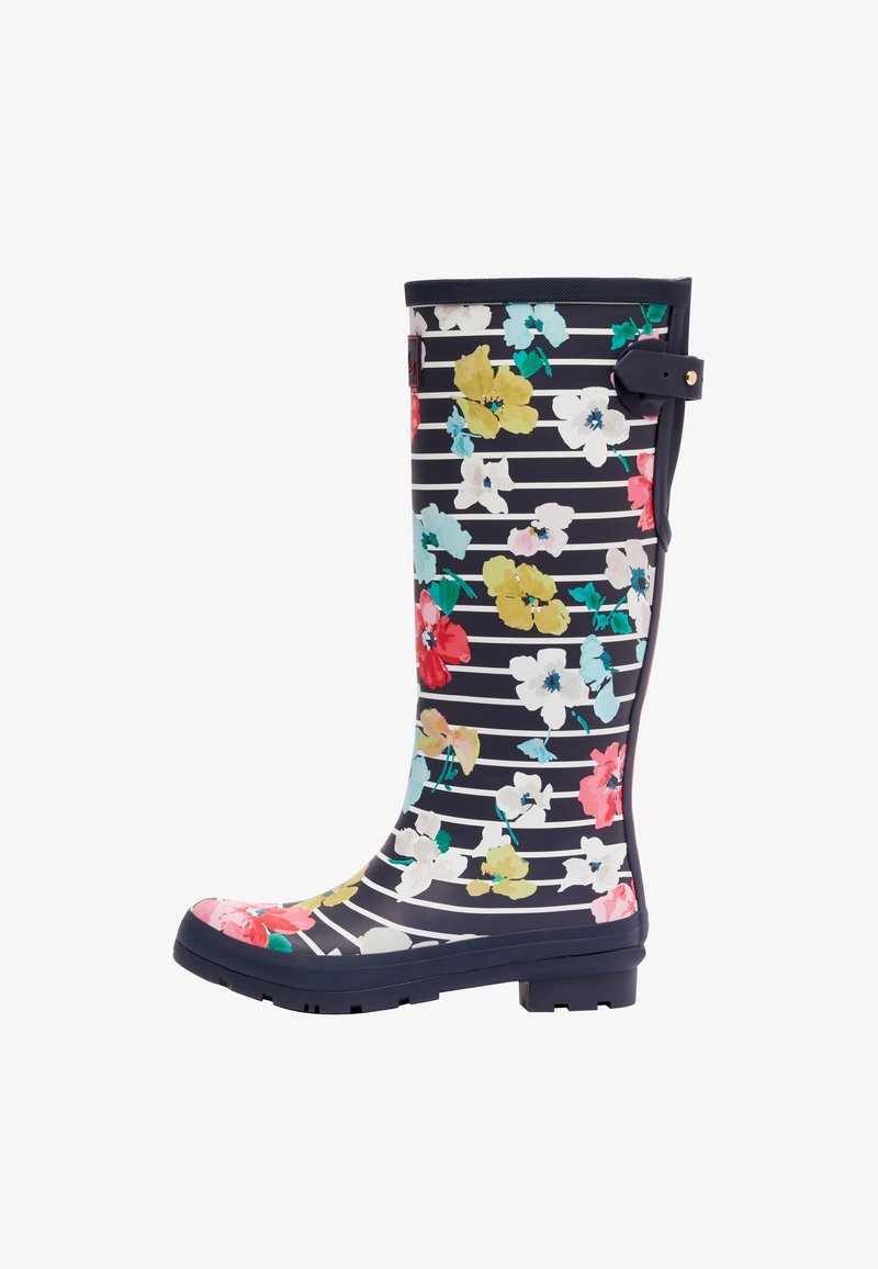 Botte de pluie haute bleu marine avec des rayures horizontales blanches et un motif floral multicolore, dotée d'une sangle ajustable bleu marine près du haut.