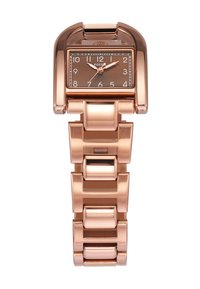 Roséguldfarvet metalur med en firkantet brun urskive, hvide timemarkører og et linkarmbåndsdesign med polerede og børstede finish.
