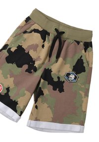 Camo-gepatroneerde shorts in tinten groen, bruin en zwart. Voorzien van een elastische tailleband met trekkoord, twee zijzakken en een logo patch.