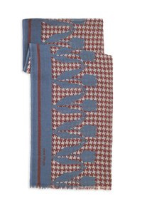 Écharpe pliée avec des motifs de tulipes bleues et rouilles et un motif pied-de-poule, présentant des rayures rouilles le long des bordures bleues et des bords frangés subtils.