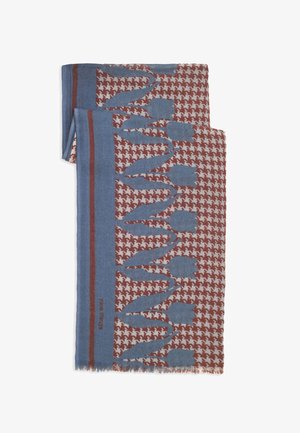 Folded scarf with blue and rust tulip and houndstooth patterns, featuring rust stripes along blue borders and subtle fringe edges.