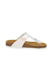 White flip-flop sandal with a glossy strap, cork footbed, and textured white rubber sole. Features a circular accent on the strap.