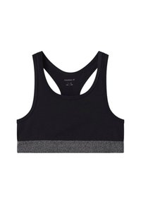 Sujetar deportivo negro con una banda ancha y texturizada gris en la parte inferior. Presenta un diseño de espalda racer y un tejido suave y elástico para mayor comodidad.