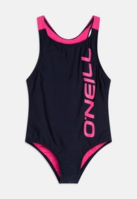 Maillot de bain une pièce bleu marine avec un logo rose sur le côté, des bretelles réglables et un matériau lisse et extensible.