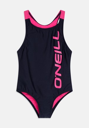 Marineblå heldragt badedragt med et pink logo på siden, justerbare stropper og et glat, elastisk materiale.