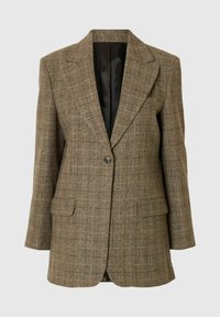 Blazer à motif de carreaux marron avec revers crantés, fermeture à un bouton, deux poches avant et une doublure noire. Coupe ajustée avec manches droites.