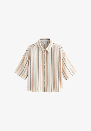 Kortärmelig overhemd met knopen, met verticale strepen in beige, zwart en oranje op een witte achtergrond, met een spitse kraag.