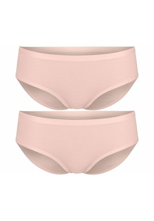 Zwei nahtlose, hellrosa, gerippte Unterhosen im Bikini-Stil, vertikal übereinander auf einem schlichten weißen Hintergrund gestapelt.