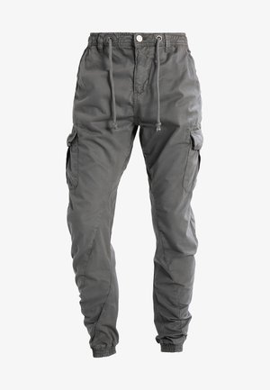 Cargo-Hosen aus dunkelgrauem Stoff mit einem elastischen Bund, Kordelzug und seitlichen Taschen sowie einem schmal zulaufenden BeinDesign.