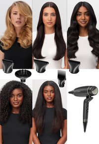 Cinq femmes aux types et styles de cheveux différents, accompagnées de divers accessoires pour sèche-cheveux et un sèche-cheveux noir avec boutons de contrôle.