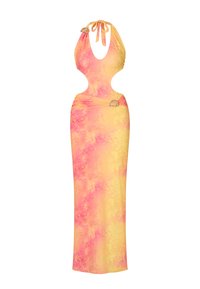Halterneck-Kleid in einem lebhaften Gelb- und Pinkverlauf. Verfügt über ausgeschnittene Seiten, eine geraffte Taille und dekorative Spiralakzente.