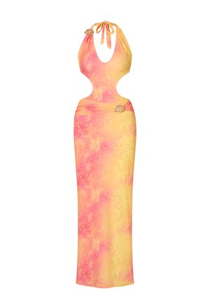 Halterneck-Kleid in einem lebhaften Gelb- und Pinkverlauf. Verfügt über ausgeschnittene Seiten, eine geraffte Taille und dekorative Spiralakzente.