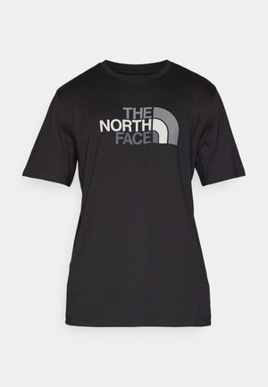 Black short-sleeve t-shirt made of cotton, featuring a prominent gray and white logo on the front. Relaxed fit with a crew neck design.